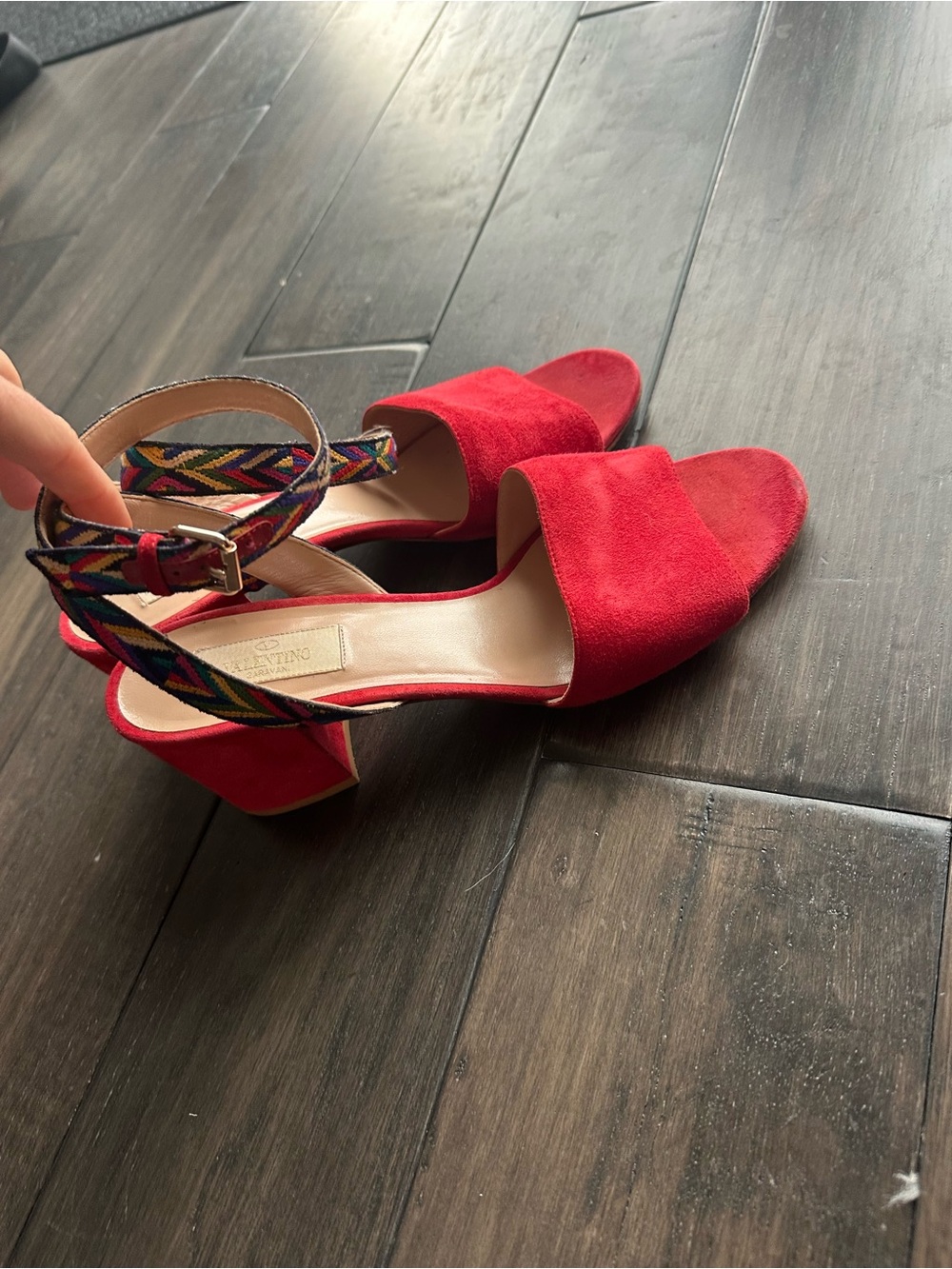 Valentino garavani Red Suede Block Heel Sandals with Multicolor Woven Strap